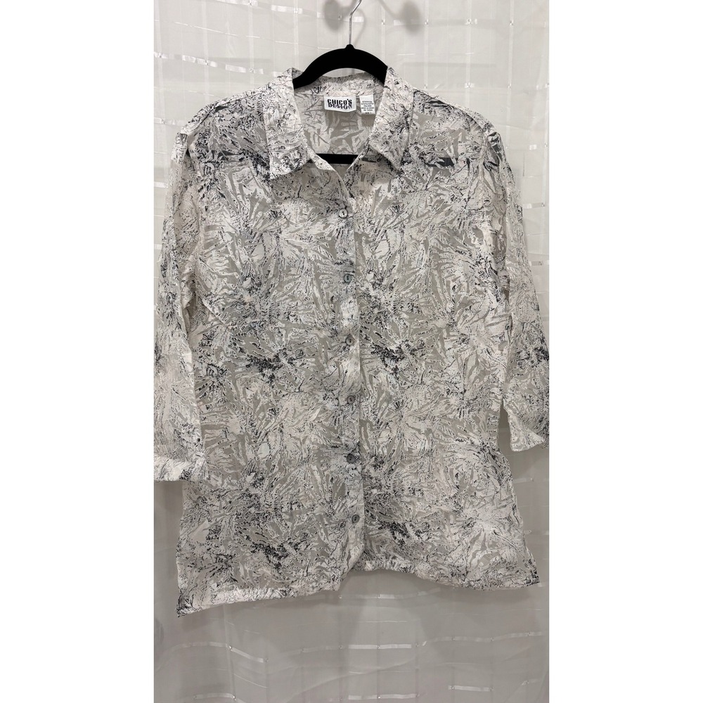 Chicos Design Optic White Burnout Palm Leaf Button Down‎ Shirt Size 1 NWT
